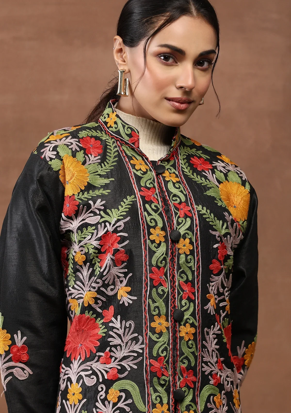 HOC Art Silk Aari Embroidered Solid Women's Jacket-Black - Image 4