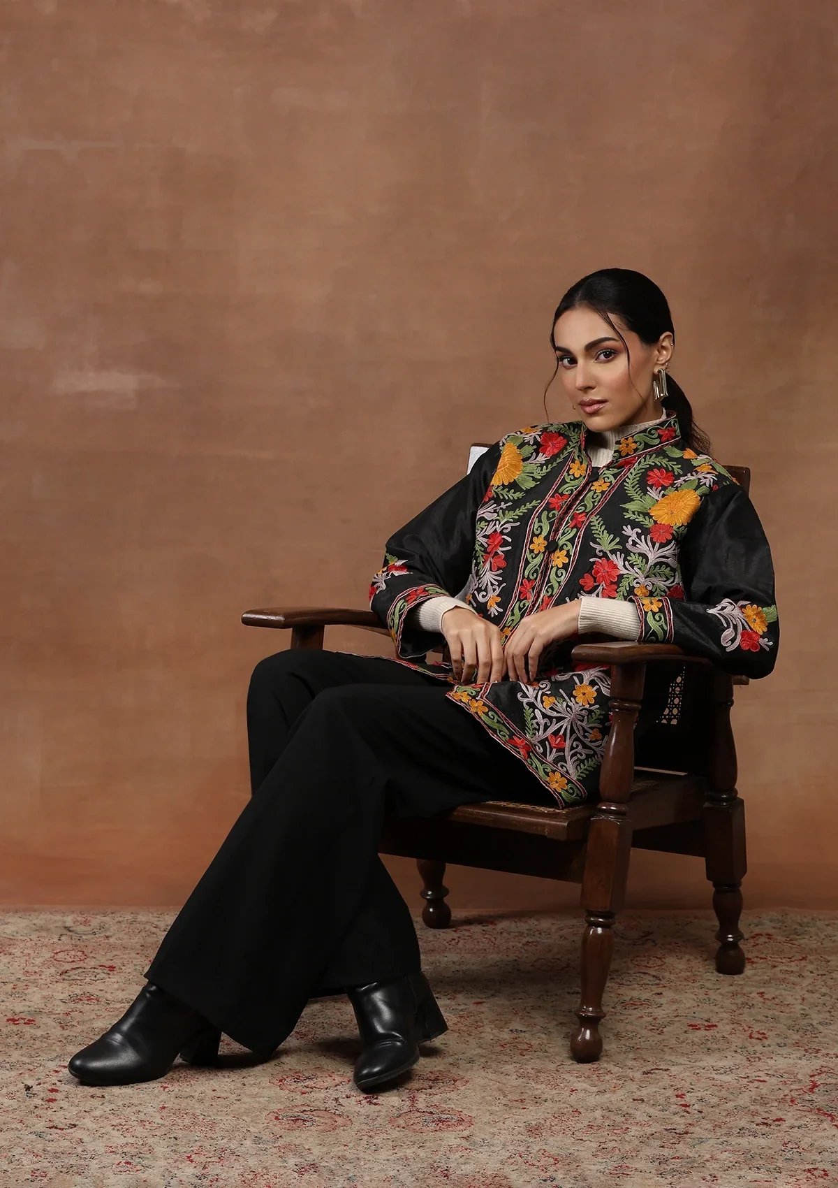 HOC Art Silk Aari Embroidered Solid Women's Jacket-Black - Image 5