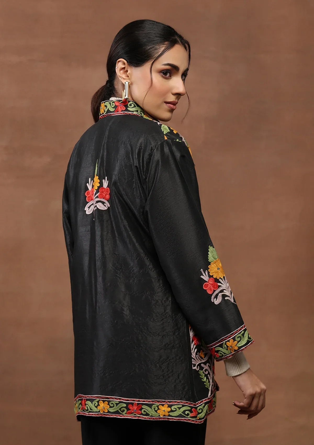 HOC Art Silk Aari Embroidered Solid Women's Jacket-Black - Image 6