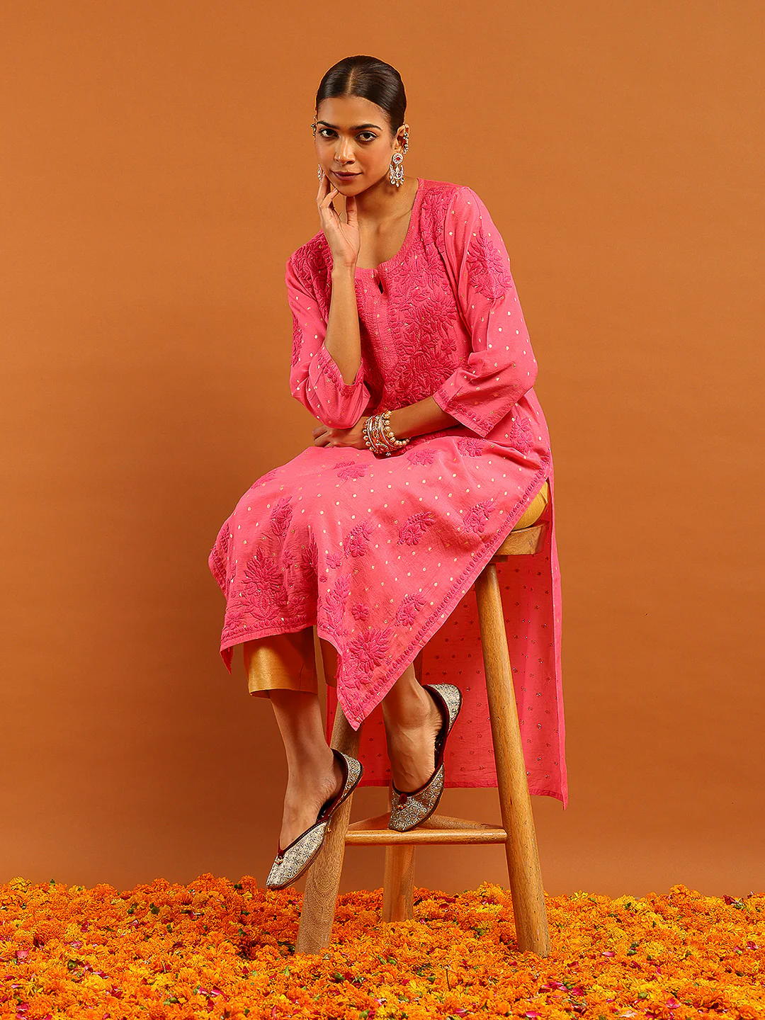 HOC Banarasi Chanderi Chikankari Solid Women's Long Kurta- Dark Pink - Image 3