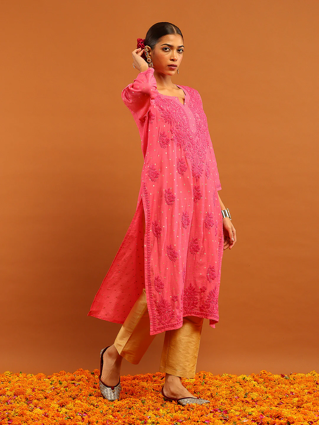 HOC Banarasi Chanderi Chikankari Solid Women's Long Kurta- Dark Pink - Image 4