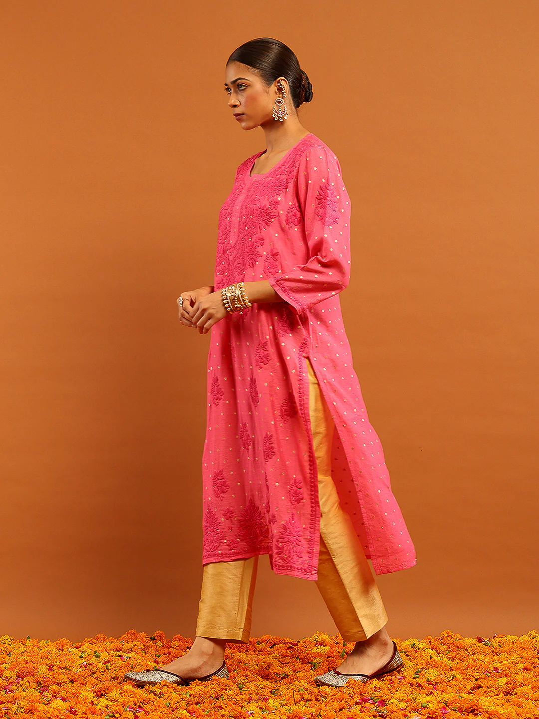 HOC Banarasi Chanderi Chikankari Solid Women's Long Kurta- Dark Pink - Image 5
