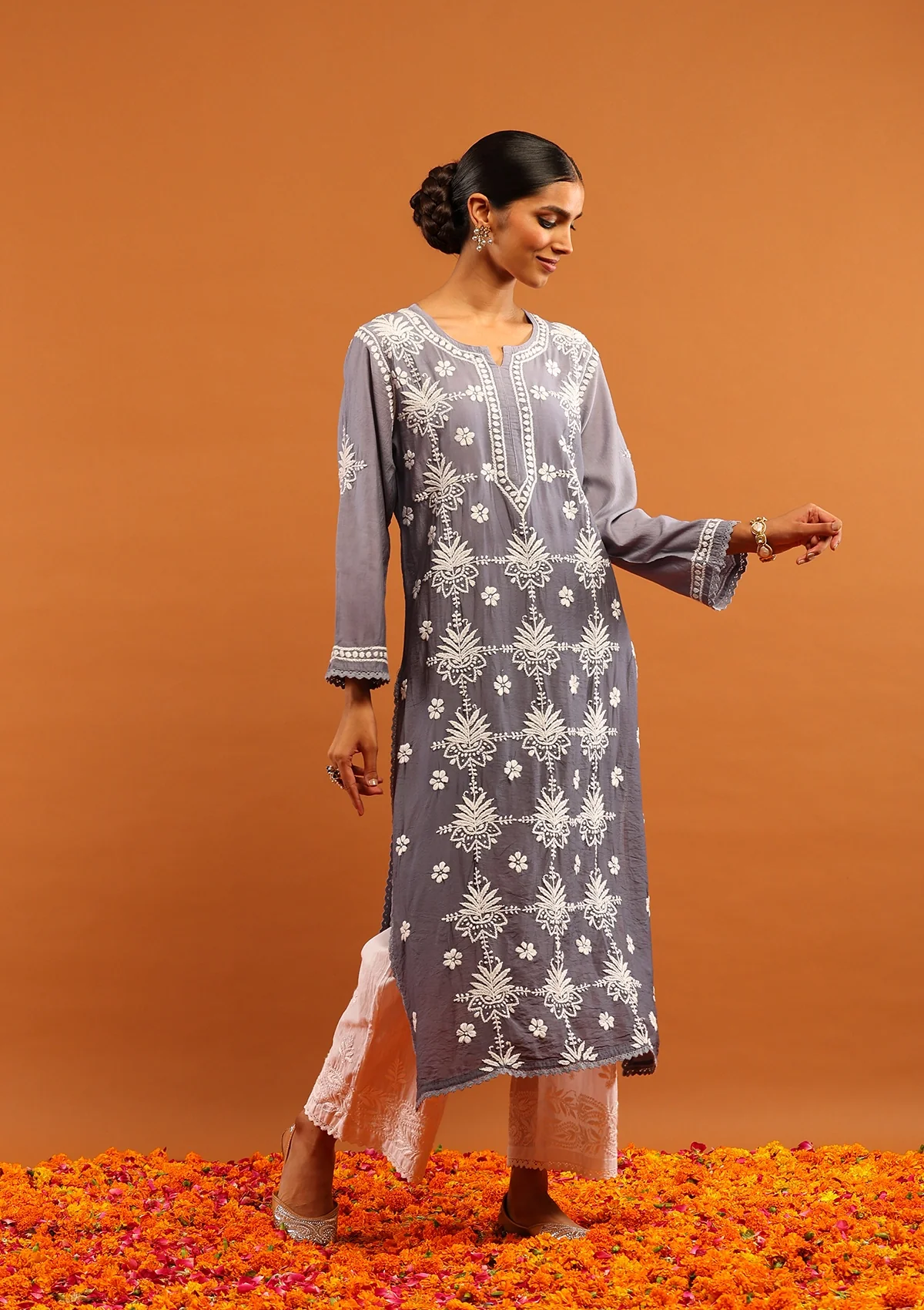 HOC Chanderi Chikankari Ombre Women's Long Kurta-Grey