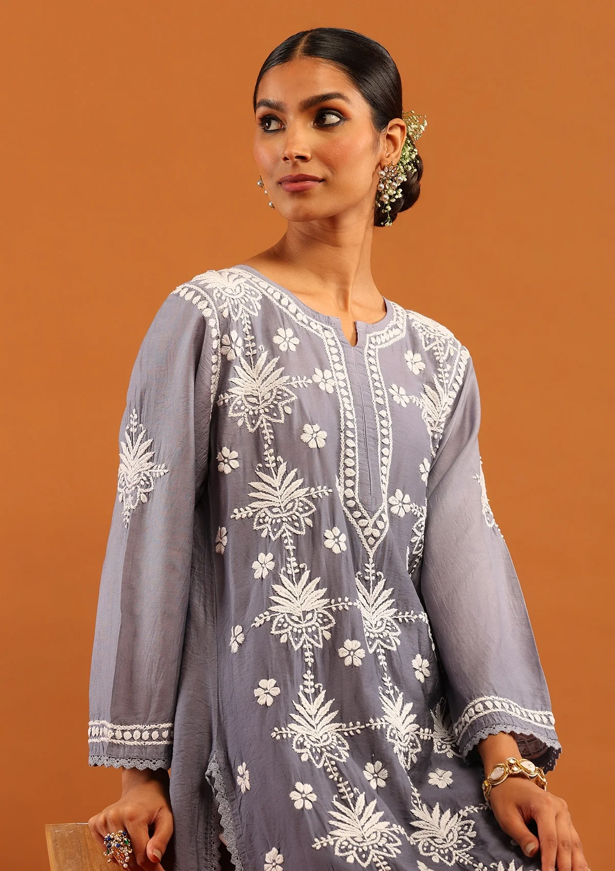 HOC Chanderi Chikankari Ombre Women's Long Kurta-Grey - Image 2