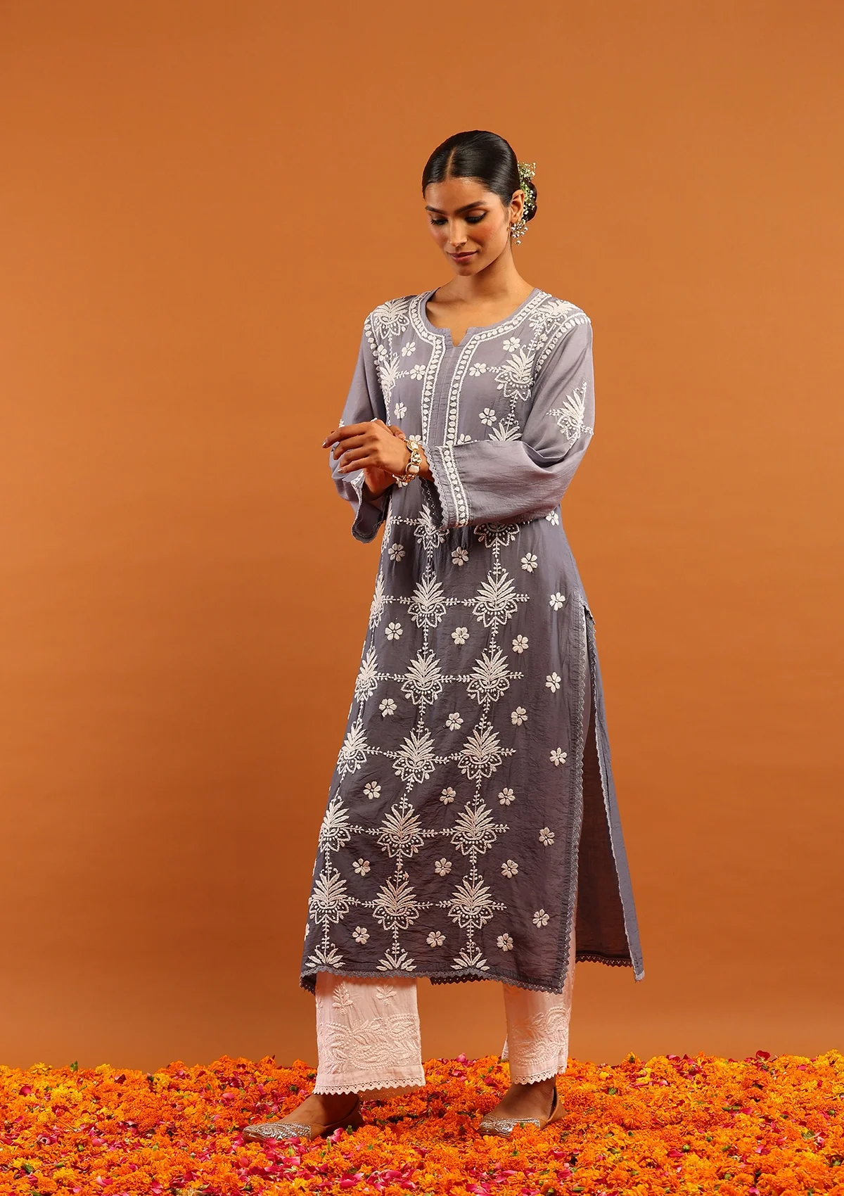 HOC Chanderi Chikankari Ombre Women's Long Kurta-Grey - Image 3
