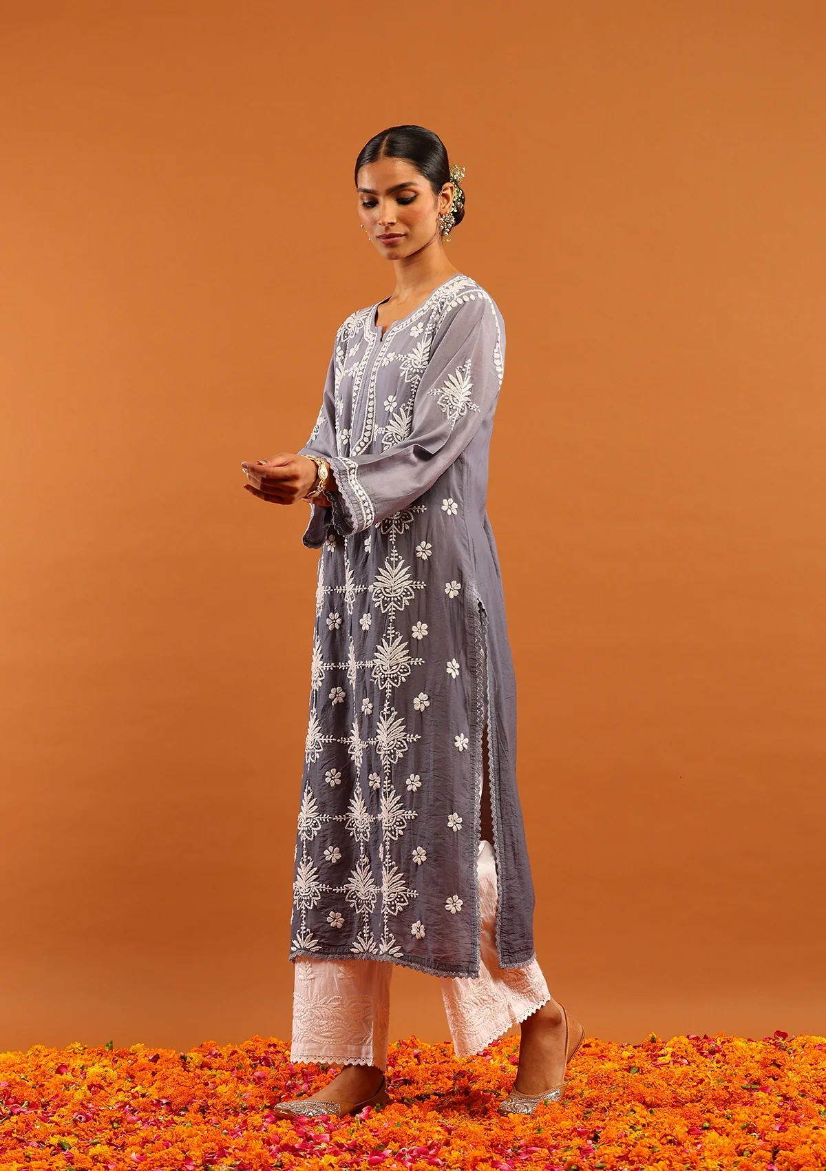 HOC Chanderi Chikankari Ombre Women's Long Kurta-Grey - Image 4