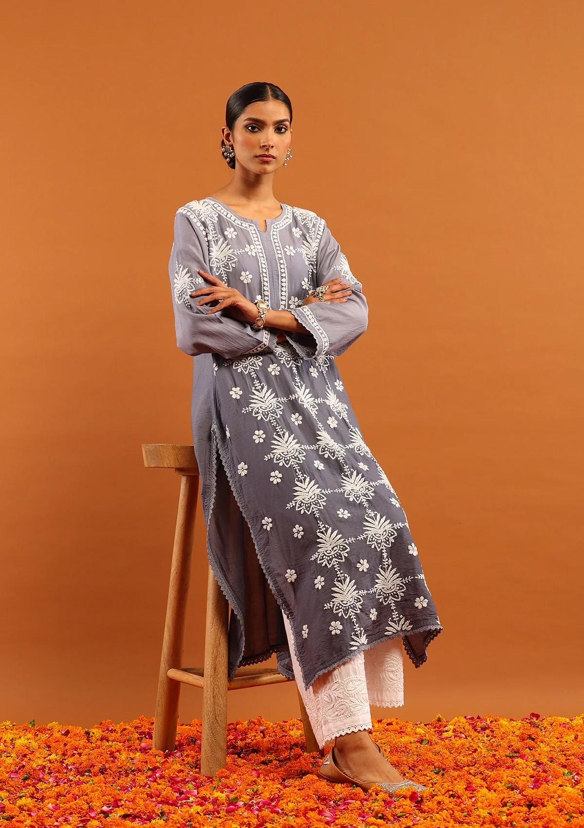 HOC Chanderi Chikankari Ombre Women's Long Kurta-Grey - Image 5