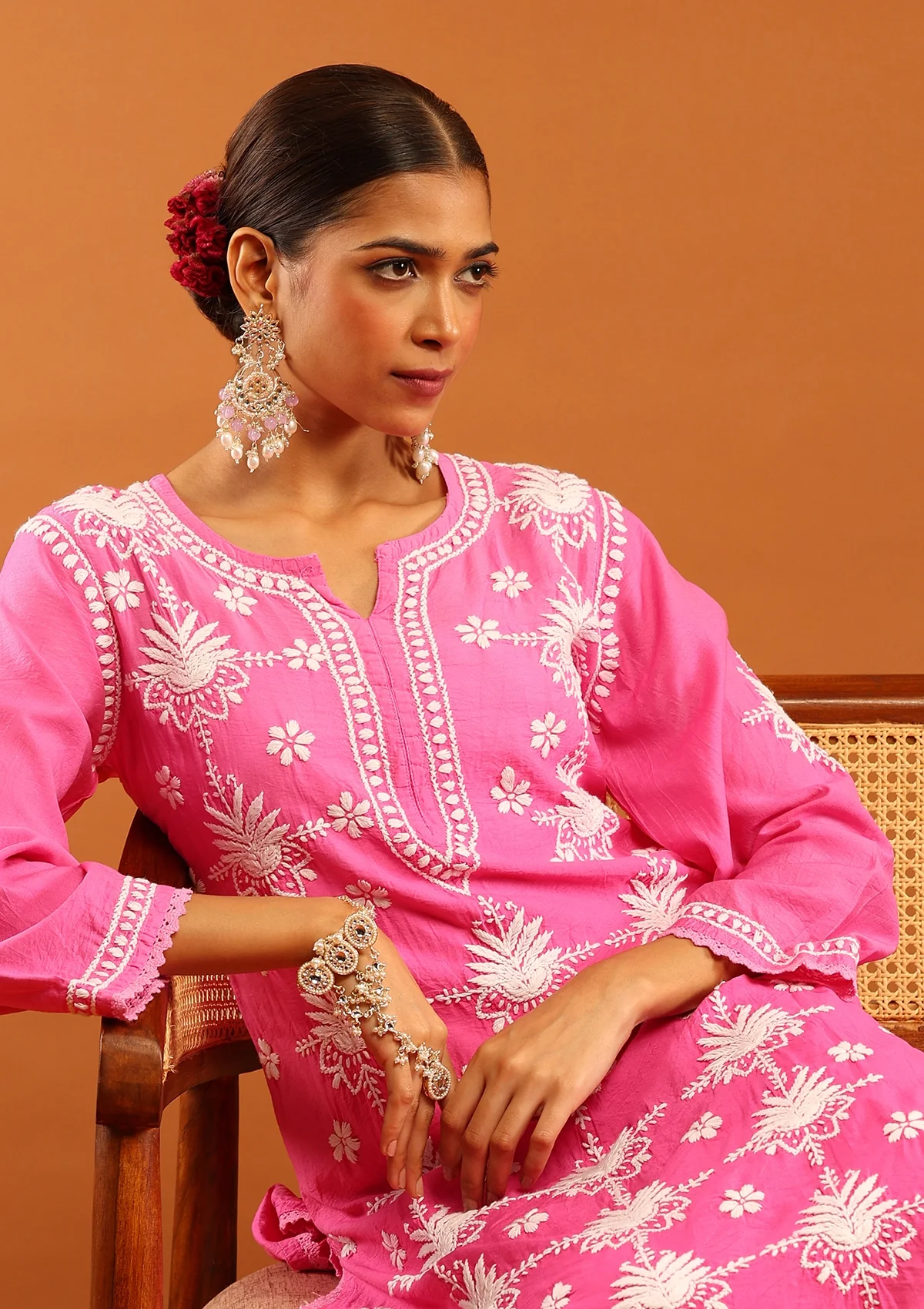 HOC Chanderi Chikankari Ombre Women's Long Kurta-Pink - Image 2