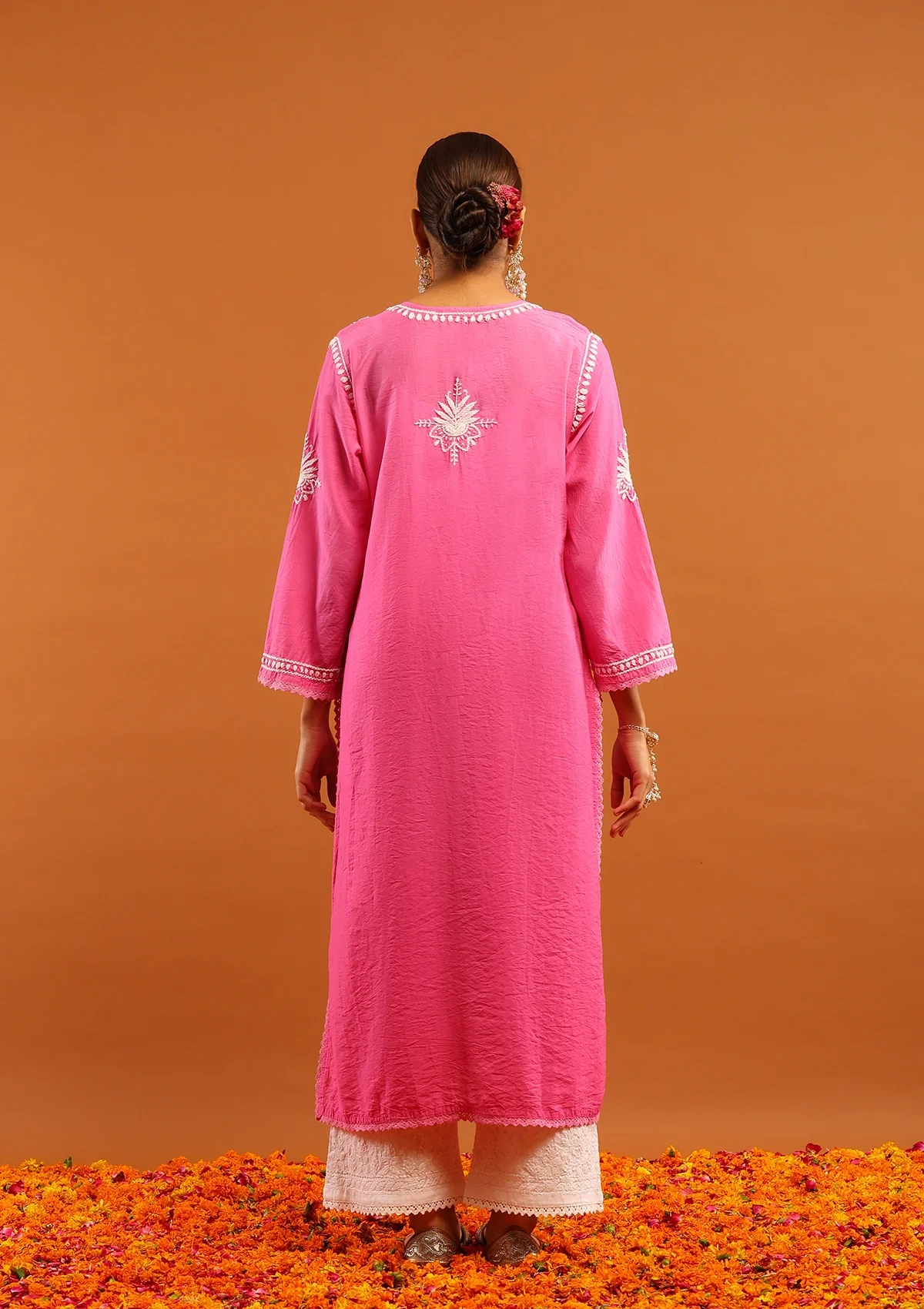 HOC Chanderi Chikankari Ombre Women's Long Kurta-Pink - Image 7