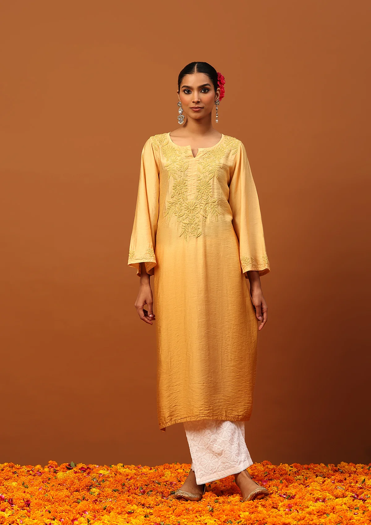 HOC Chanderi Chikankari Ombre Women's Long Kurta -Yellow