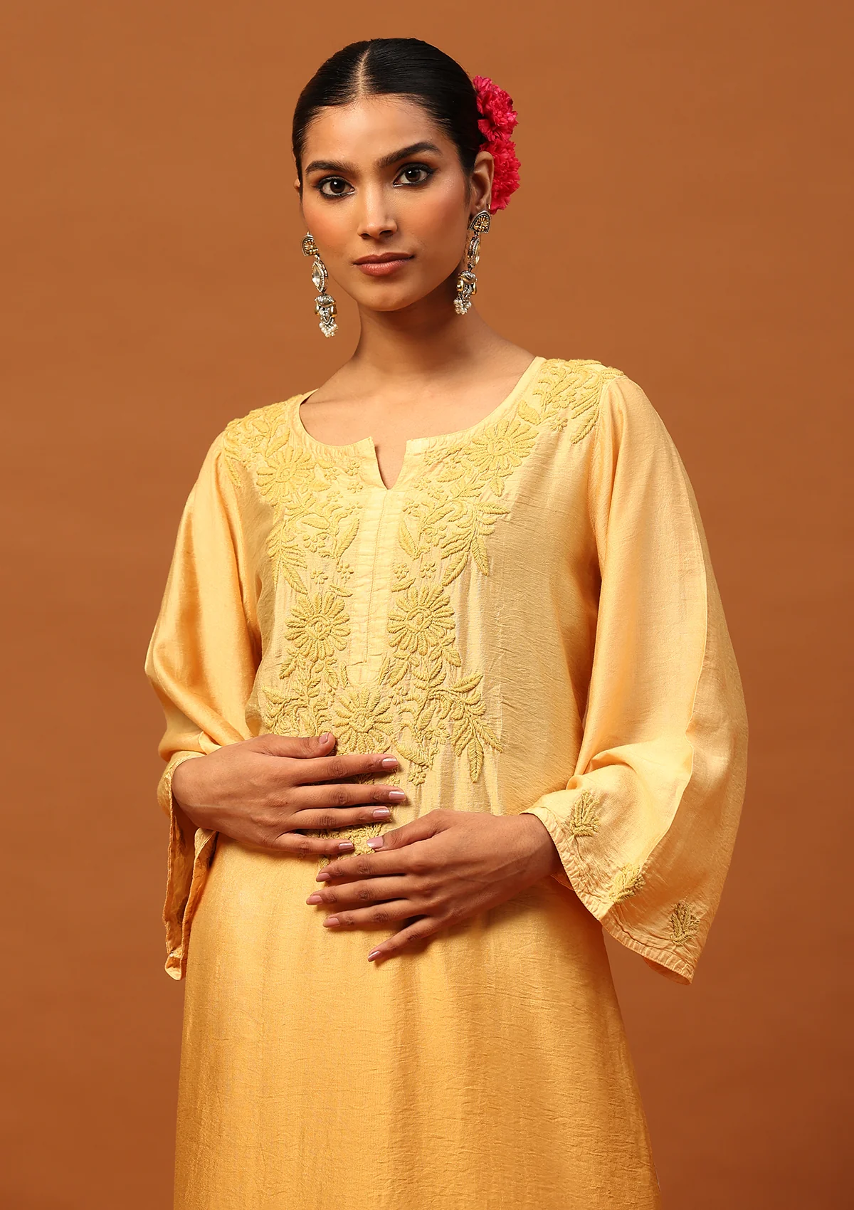 HOC Chanderi Chikankari Ombre Women's Long Kurta -Yellow - Image 2