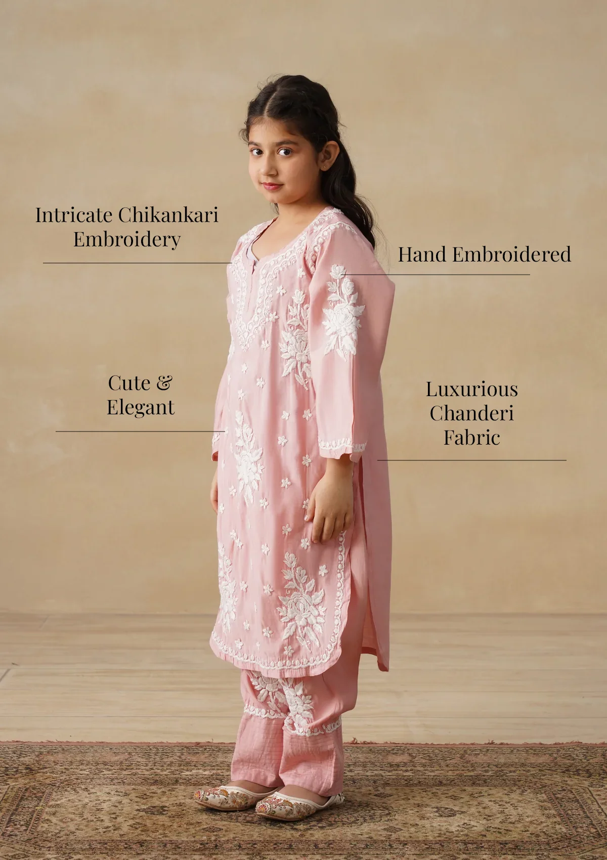 HOC Chanderi Chikankari Solid Girls 2 PC Long Kurta Set - Peach - Image 10