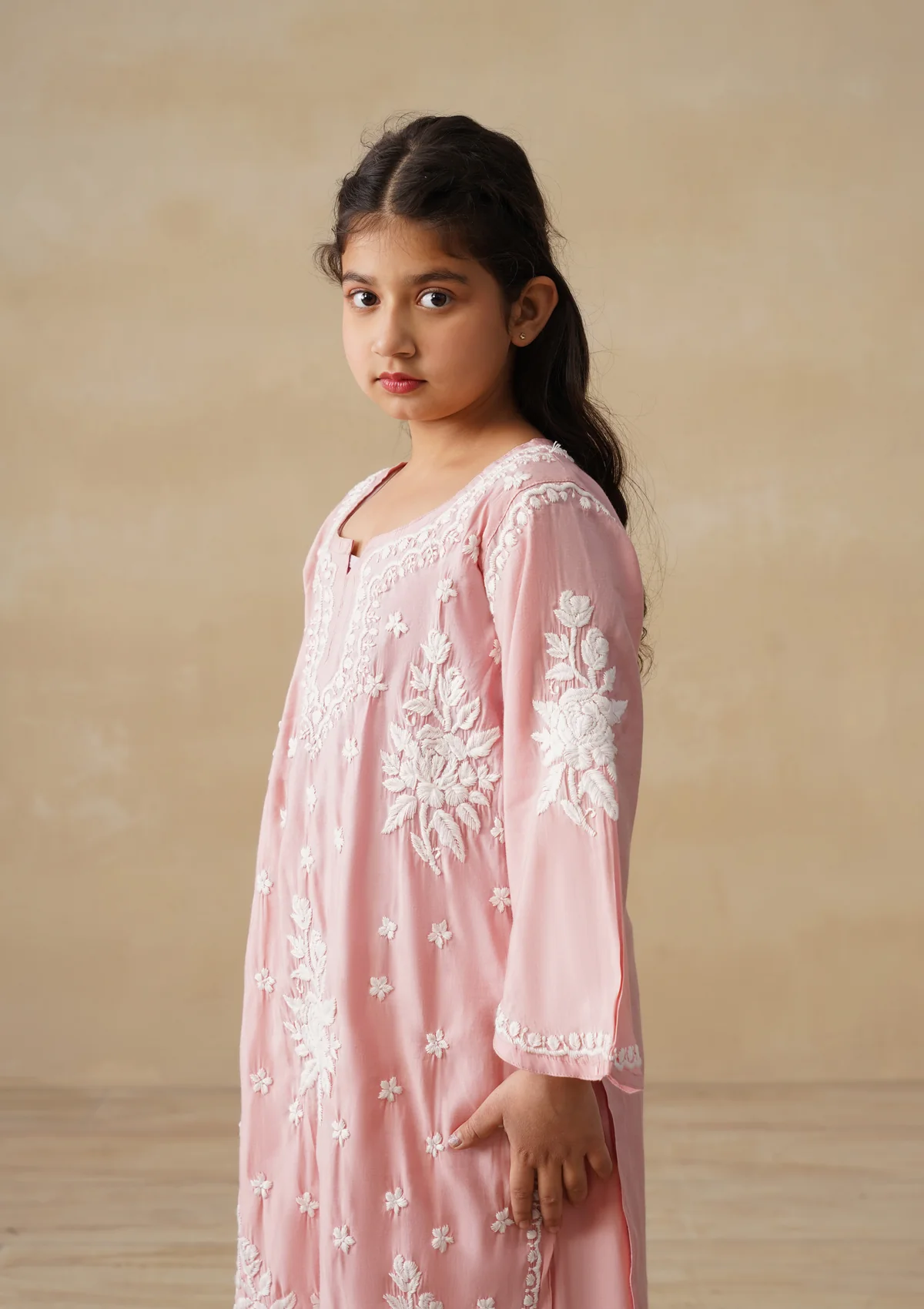 HOC Chanderi Chikankari Solid Girls 2 PC Long Kurta Set - Peach - Image 4