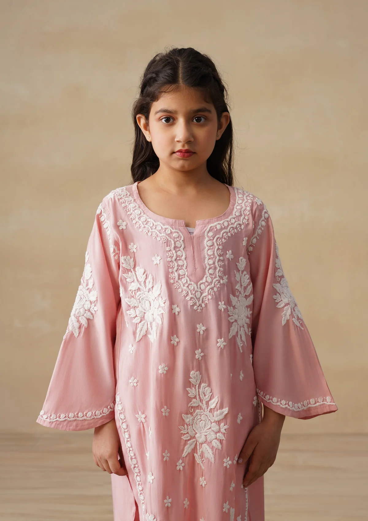 HOC Chanderi Chikankari Solid Girls 2 PC Long Kurta Set - Peach - Image 5