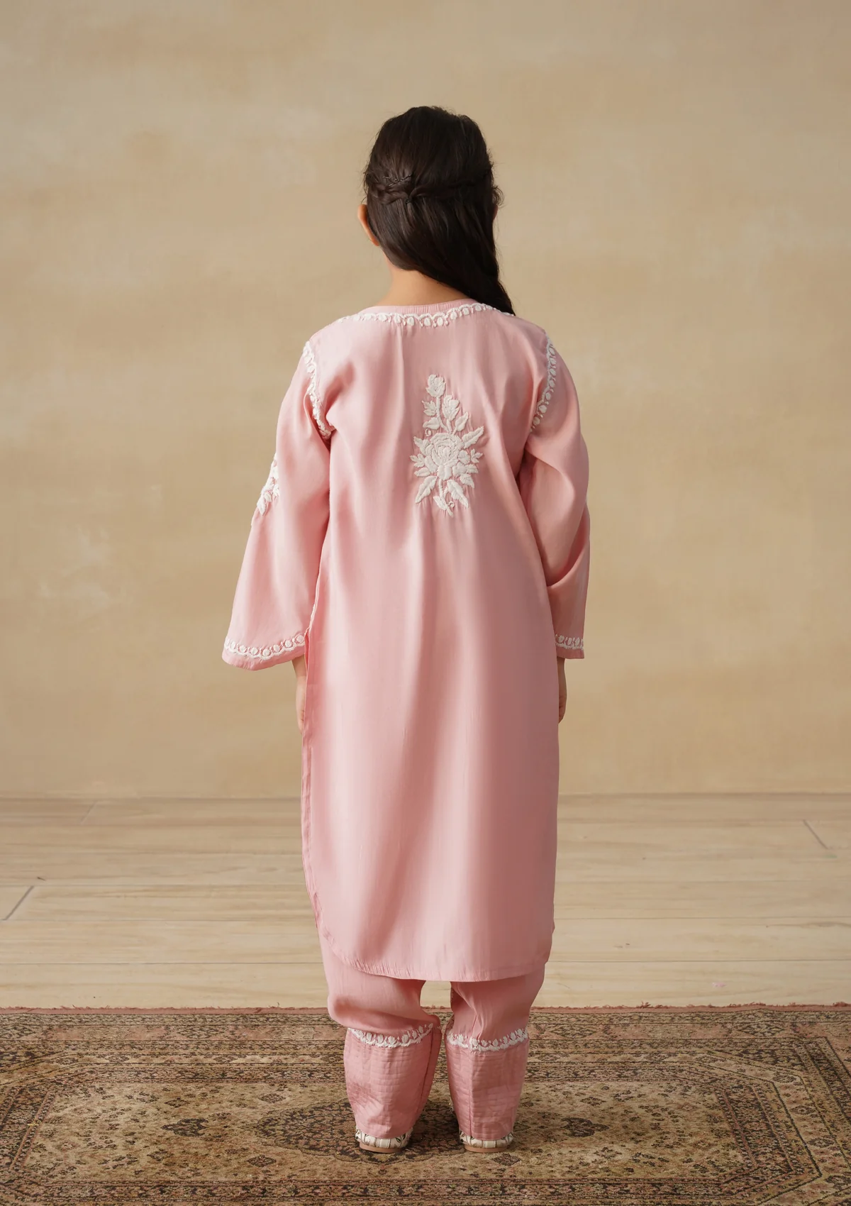 HOC Chanderi Chikankari Solid Girls 2 PC Long Kurta Set - Peach - Image 7