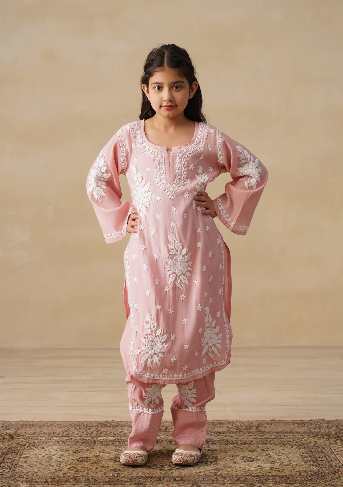 HOC Chanderi Chikankari Solid Girls 2 PC Long Kurta Set - Peach - Image 9