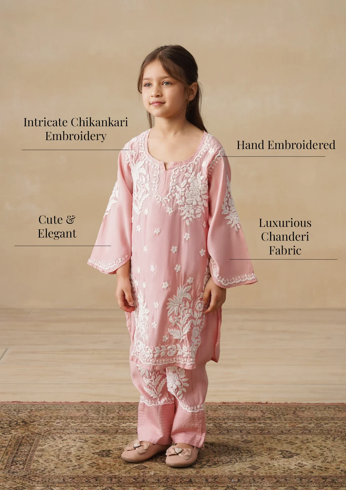 HOC Chanderi Chikankari Solid Girls 2 PC Long Kurta Set - Pink - Image 10
