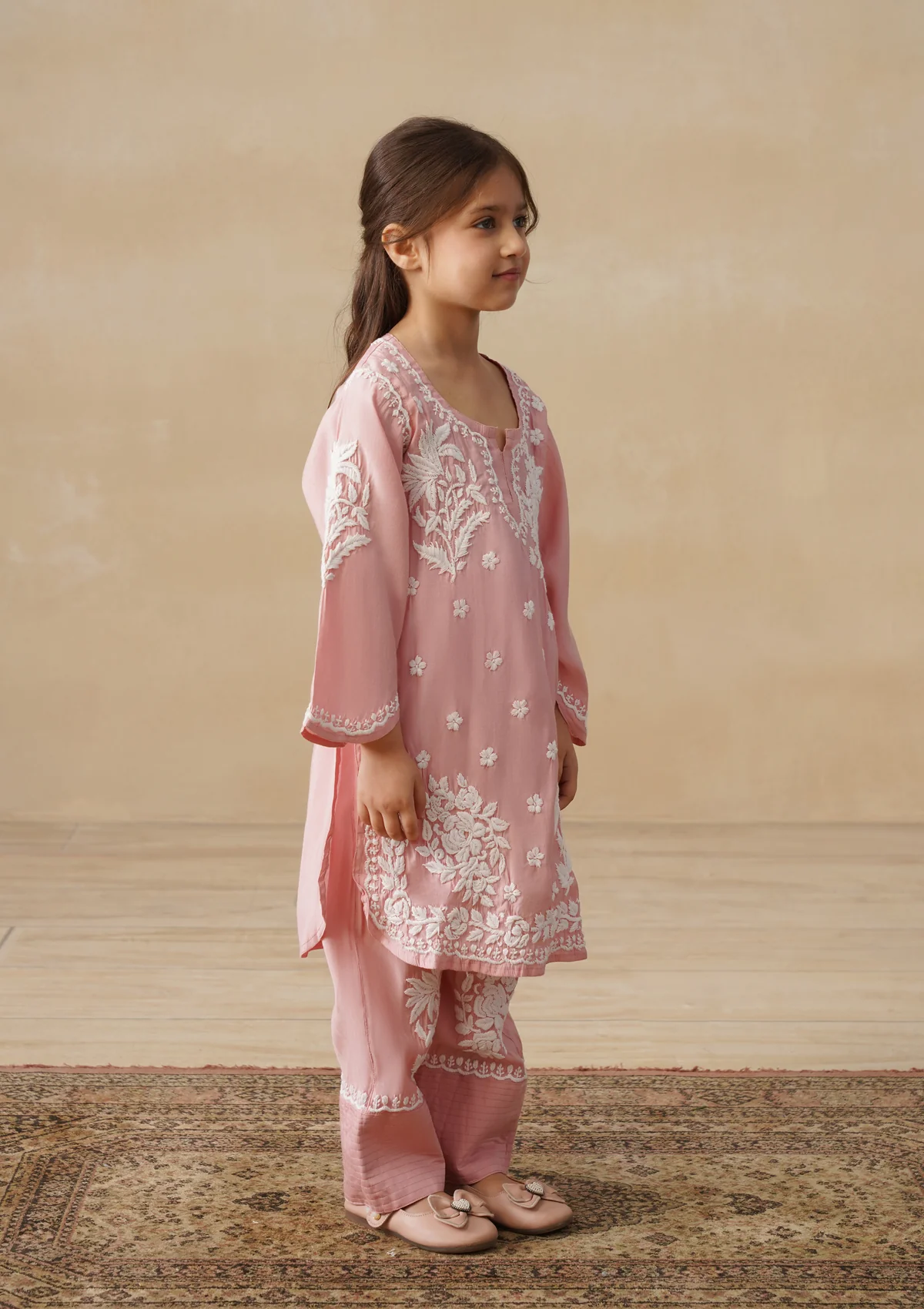 HOC Chanderi Chikankari Solid Girls 2 PC Long Kurta Set - Pink - Image 2