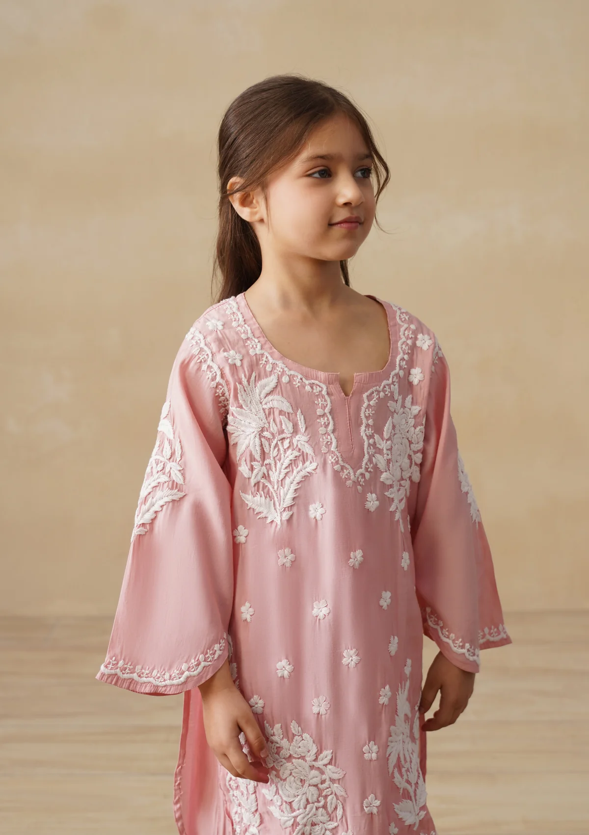 HOC Chanderi Chikankari Solid Girls 2 PC Long Kurta Set - Pink - Image 4