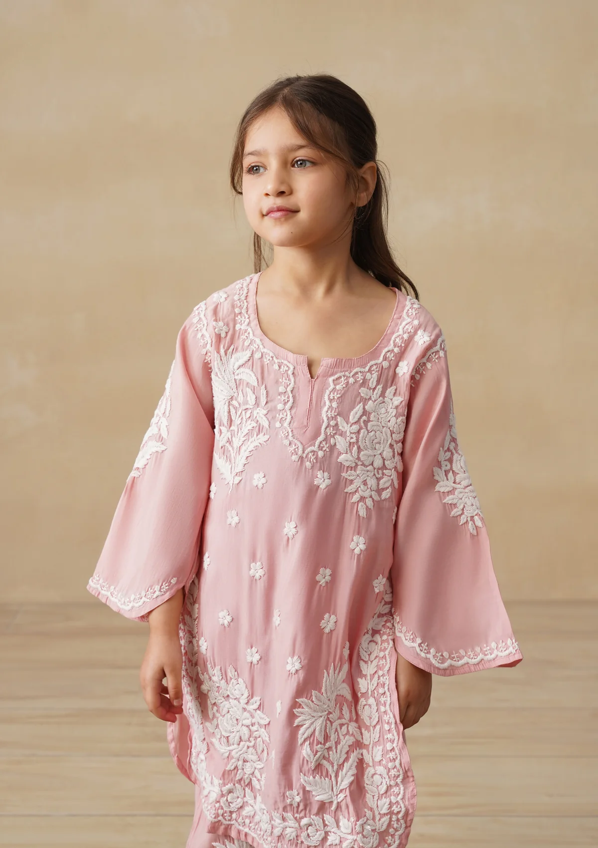 HOC Chanderi Chikankari Solid Girls 2 PC Long Kurta Set - Pink - Image 5
