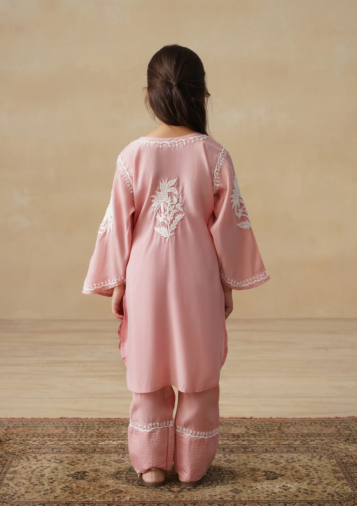 HOC Chanderi Chikankari Solid Girls 2 PC Long Kurta Set - Pink - Image 7