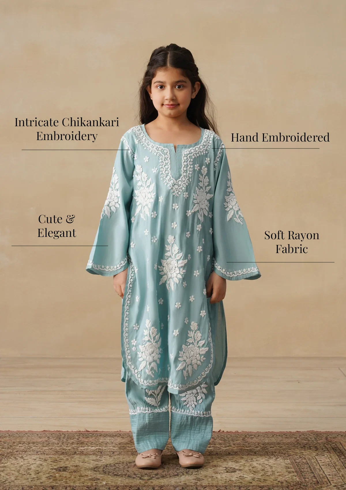 HOC Chanderi Chikankari Solid Girls 2 PC Long Kurta Set - Sage Green - Image 11