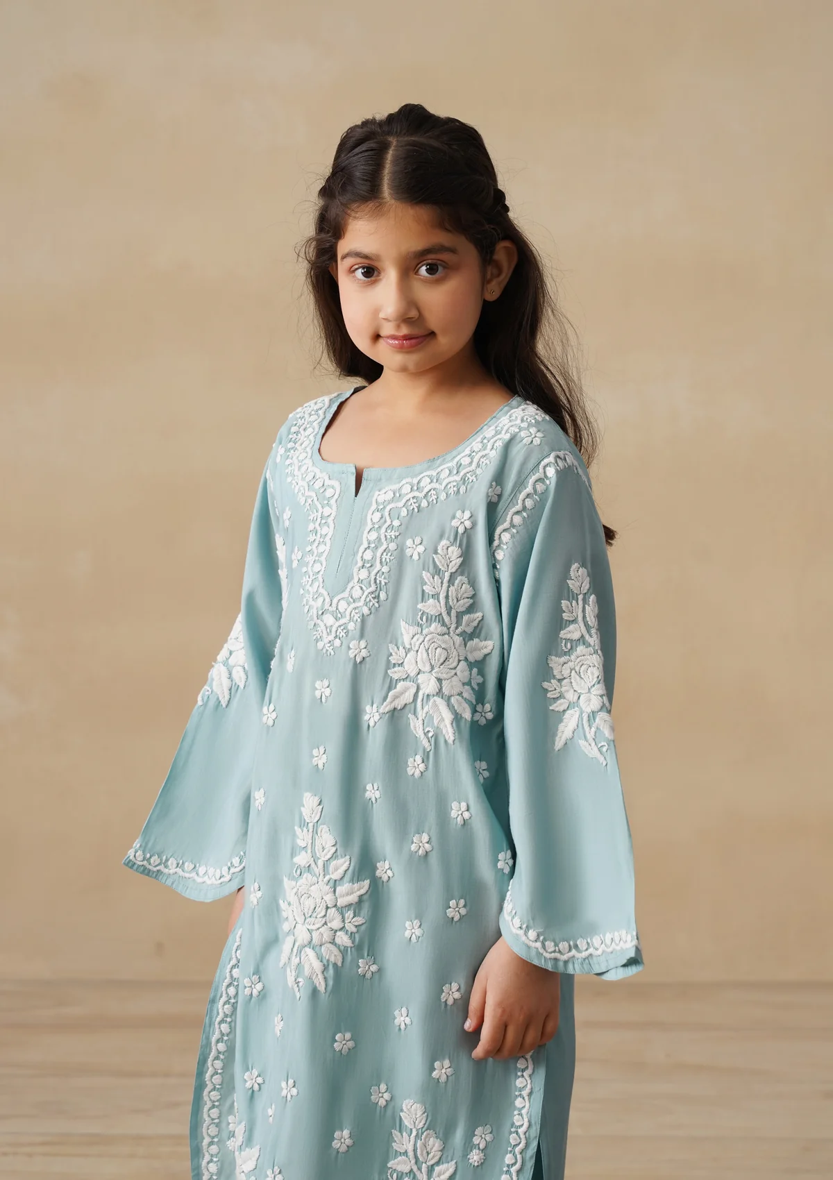 HOC Chanderi Chikankari Solid Girls 2 PC Long Kurta Set - Sage Green - Image 6