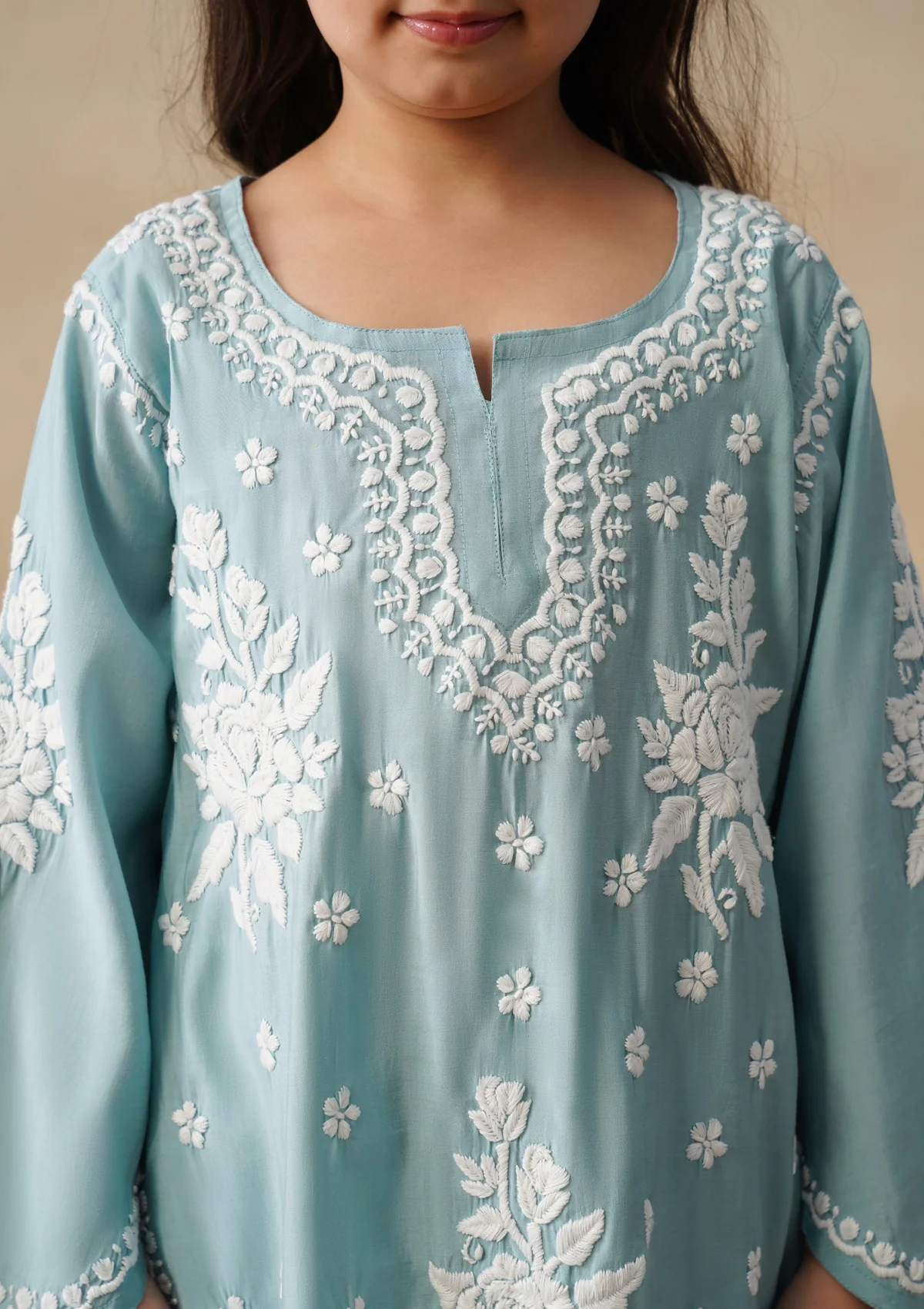 HOC Chanderi Chikankari Solid Girls 2 PC Long Kurta Set - Sage Green - Image 8