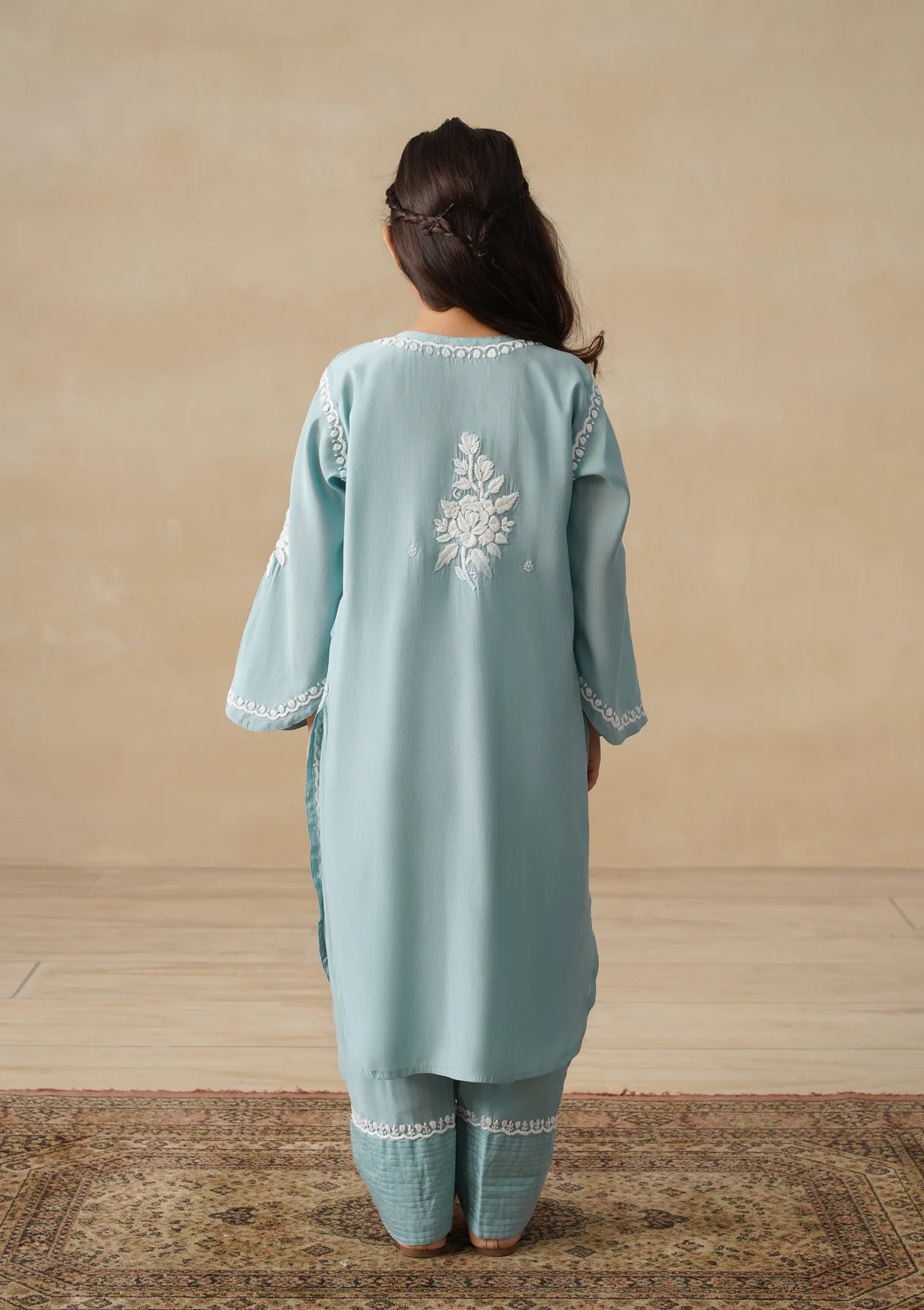 HOC Chanderi Chikankari Solid Girls 2 PC Long Kurta Set - Sage Green - Image 9