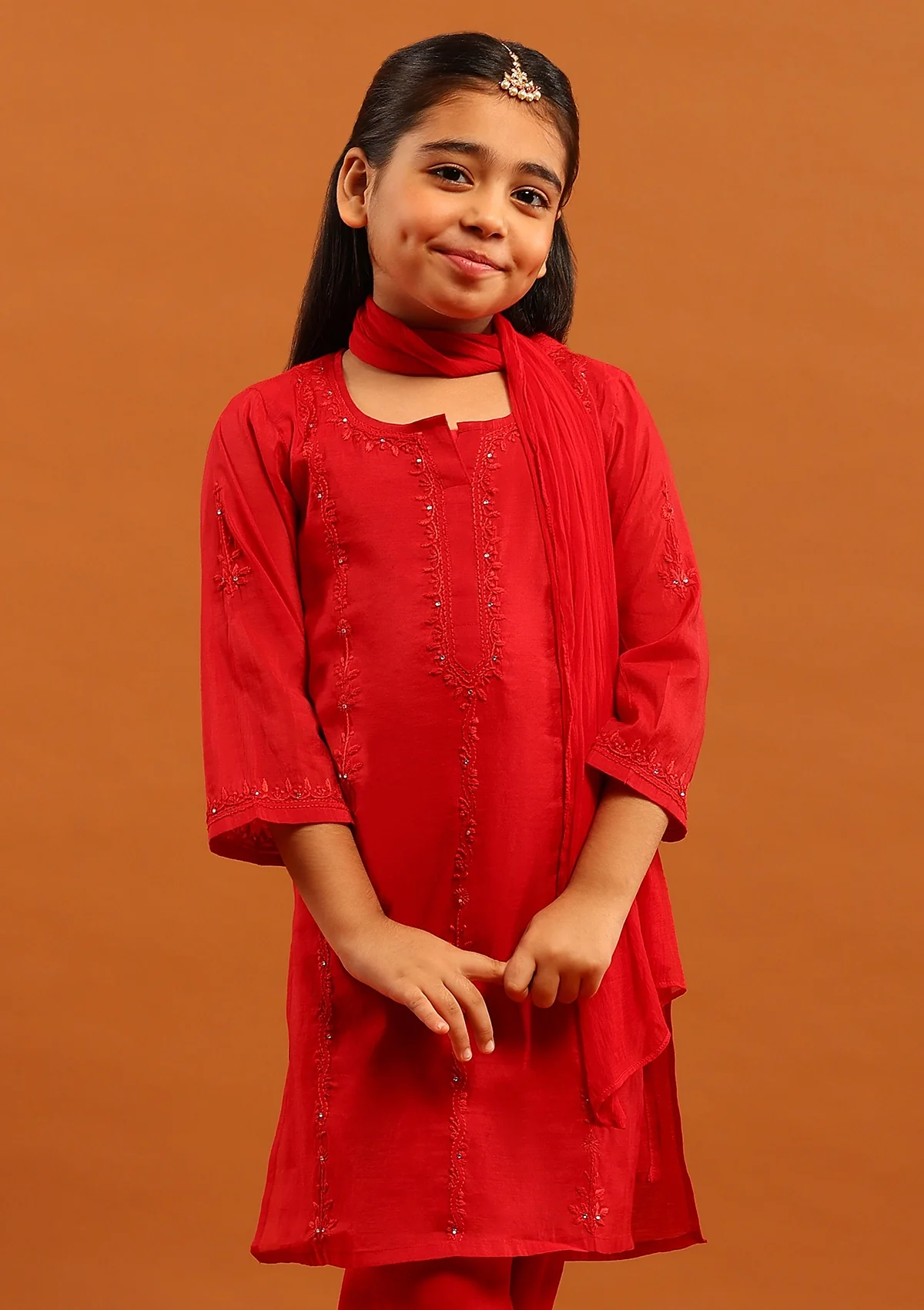 HOC Chanderi Chikankari Solid Girl's 4 PC Straight Kurta Set-Red - Image 7