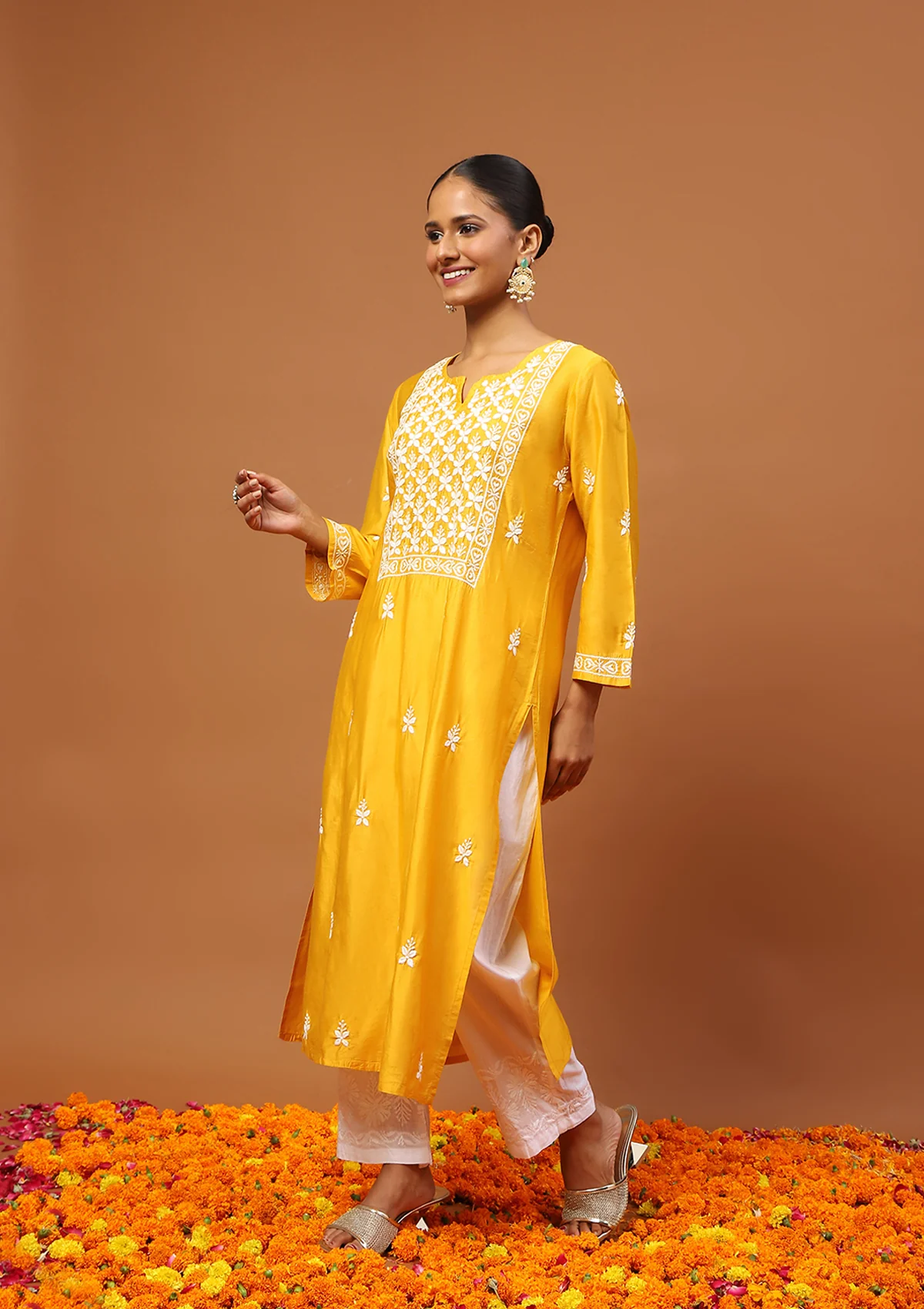 HOC Chanderi Chikankari Solid Women's Long Kurta -Mustard - Image 3