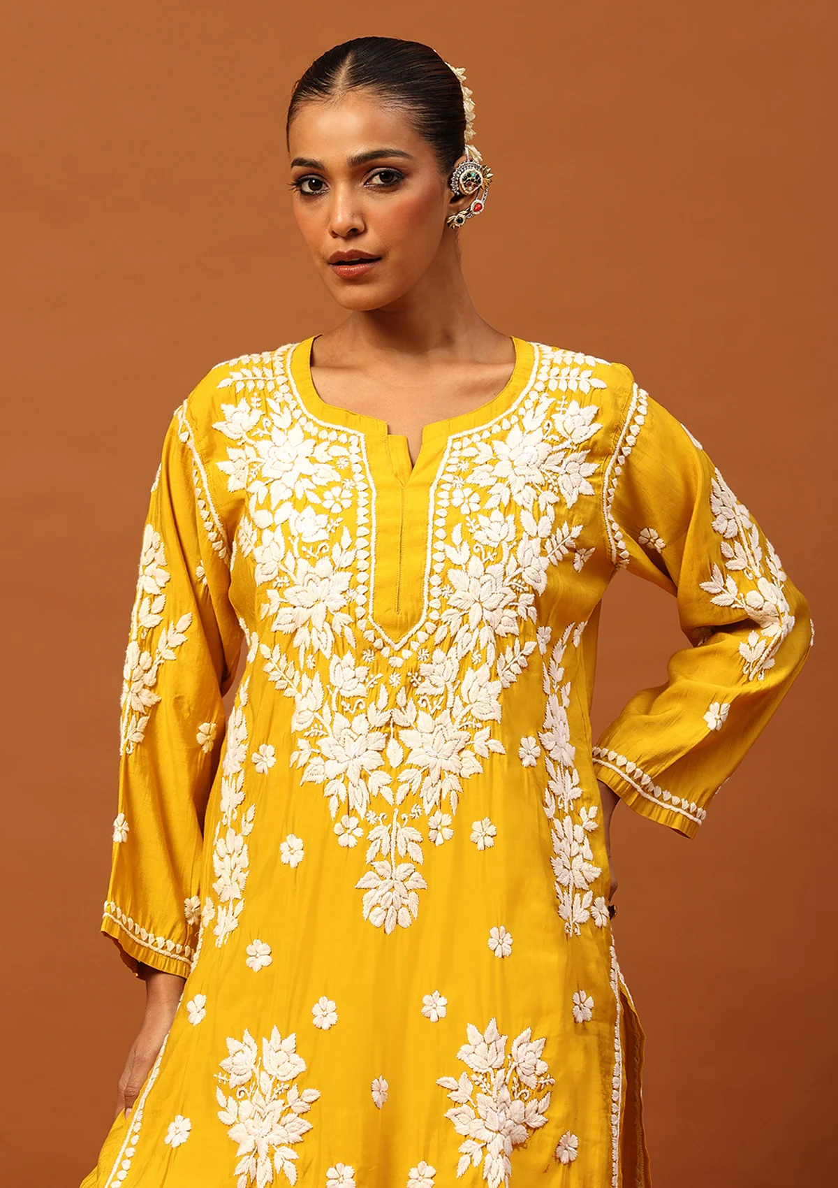 HOC Chanderi Chikankari Solid Women's 2 PC Long Kurta Set -Mustard - Image 4