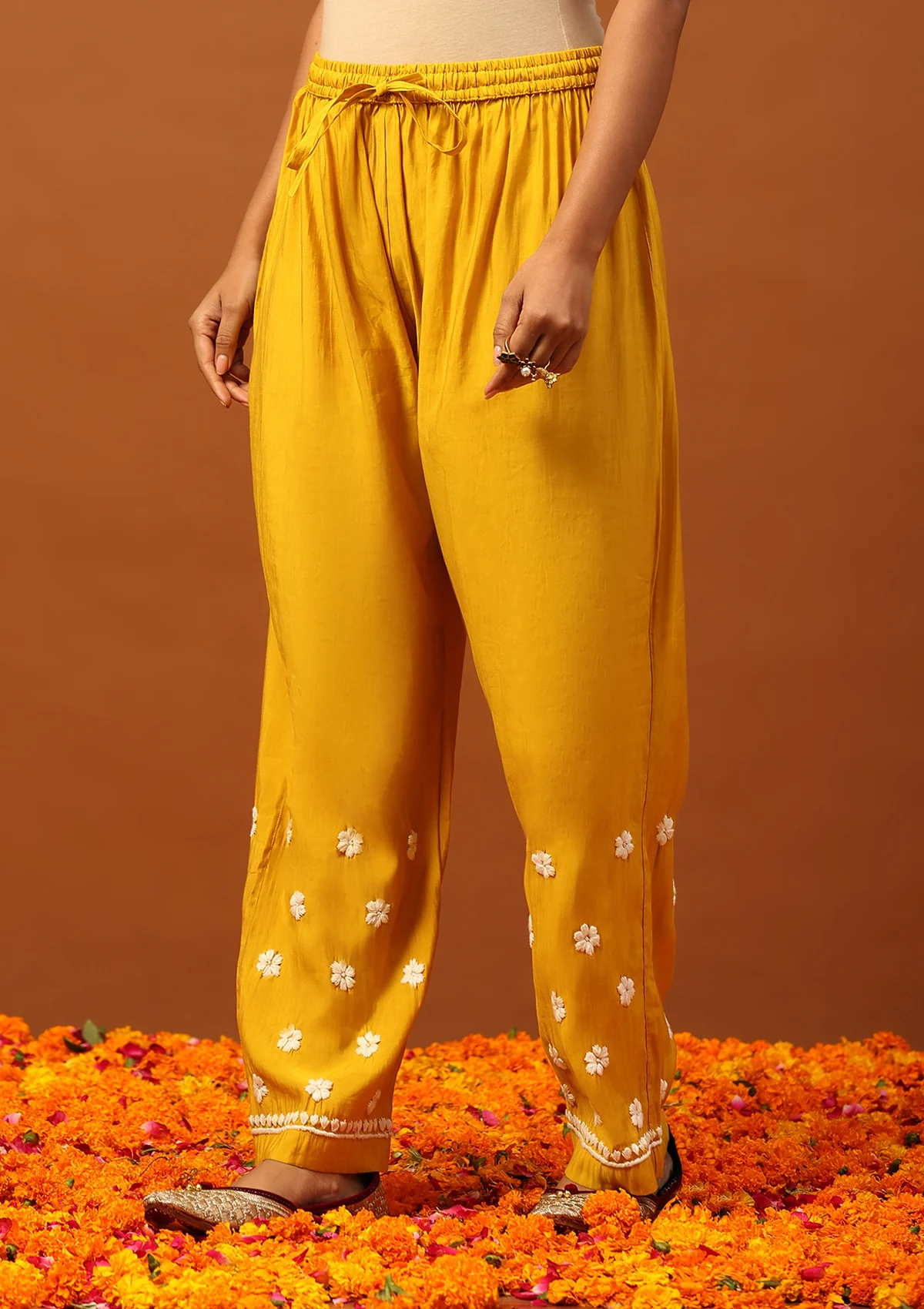 HOC Chanderi Chikankari Solid Women's 2 PC Long Kurta Set -Mustard - Image 5