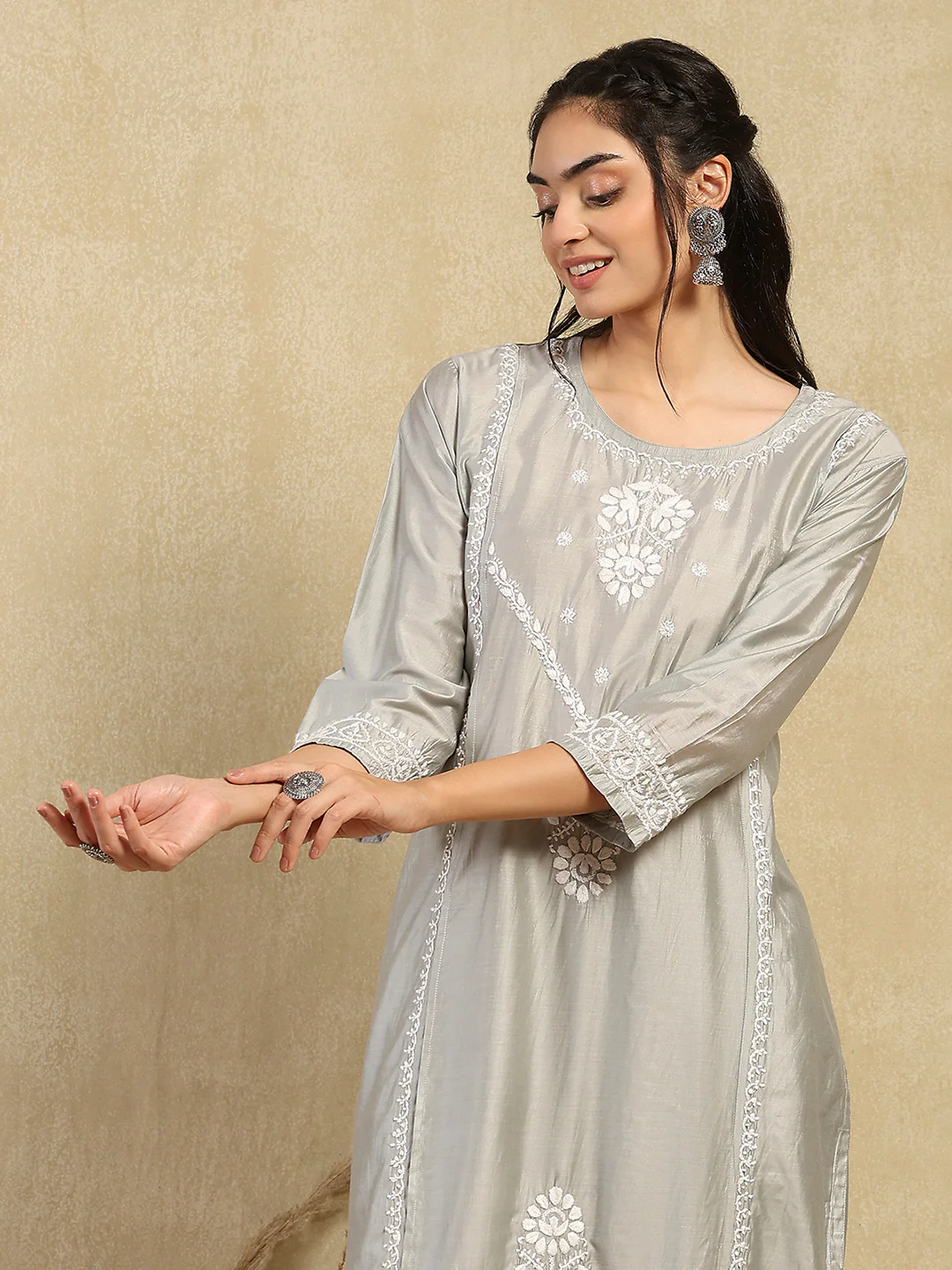 HOC Chanderi Chikankari Solid Women's 2PC Long Kurta Set -Grey - Image 2