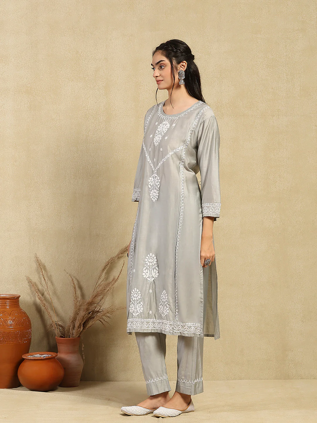 HOC Chanderi Chikankari Solid Women's 2PC Long Kurta Set -Grey - Image 3