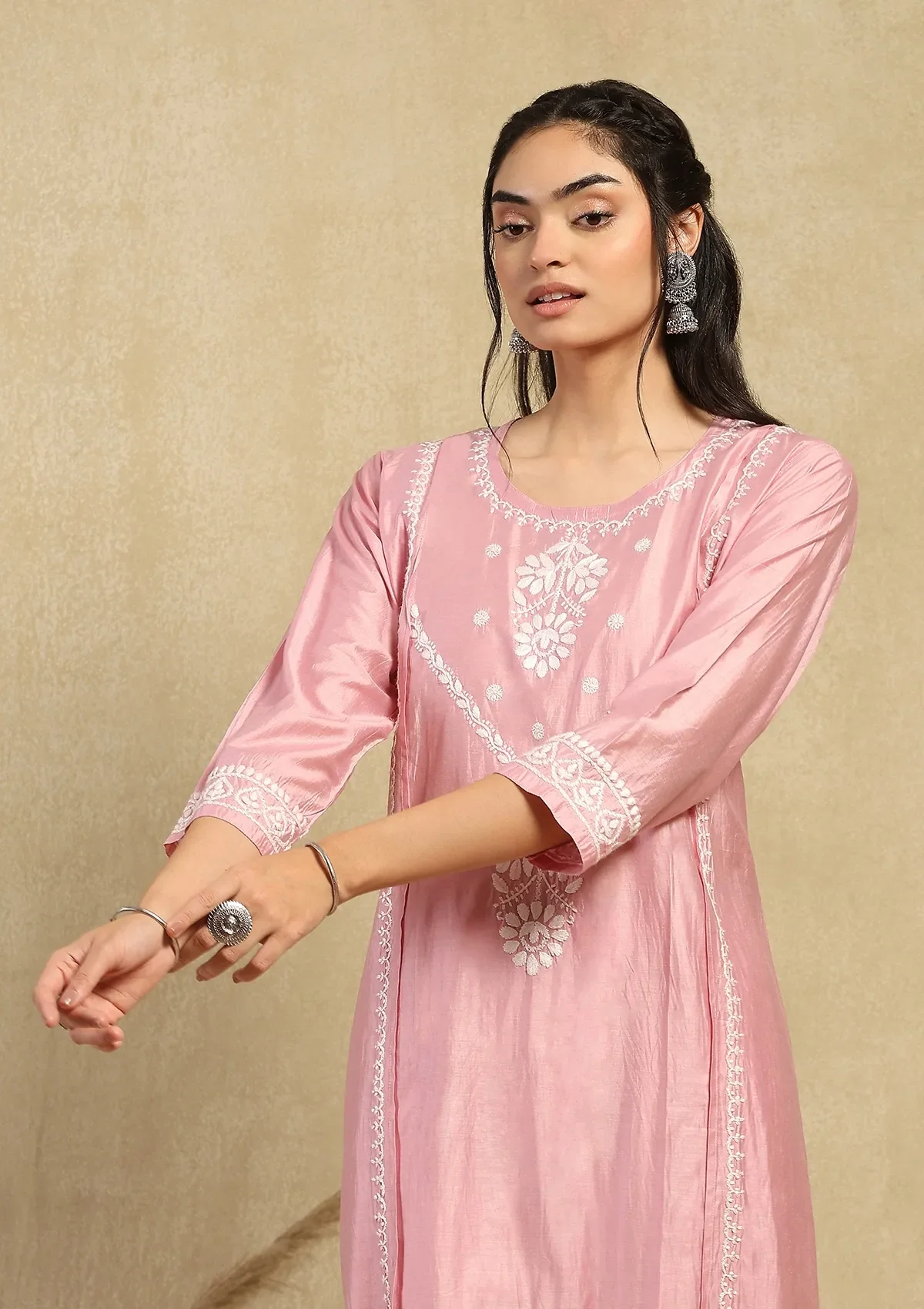 HOC Chanderi Chikankari Solid Women's 2PC Long Kurta Set -Pink - Image 2