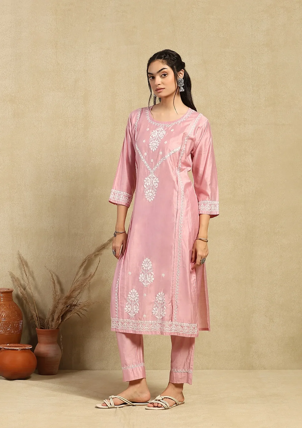 HOC Chanderi Chikankari Solid Women's 2PC Long Kurta Set -Pink - Image 3