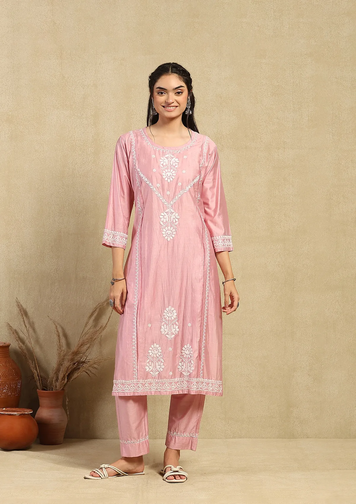 HOC Chanderi Chikankari Solid Women's 2PC Long Kurta Set -Pink - Image 4
