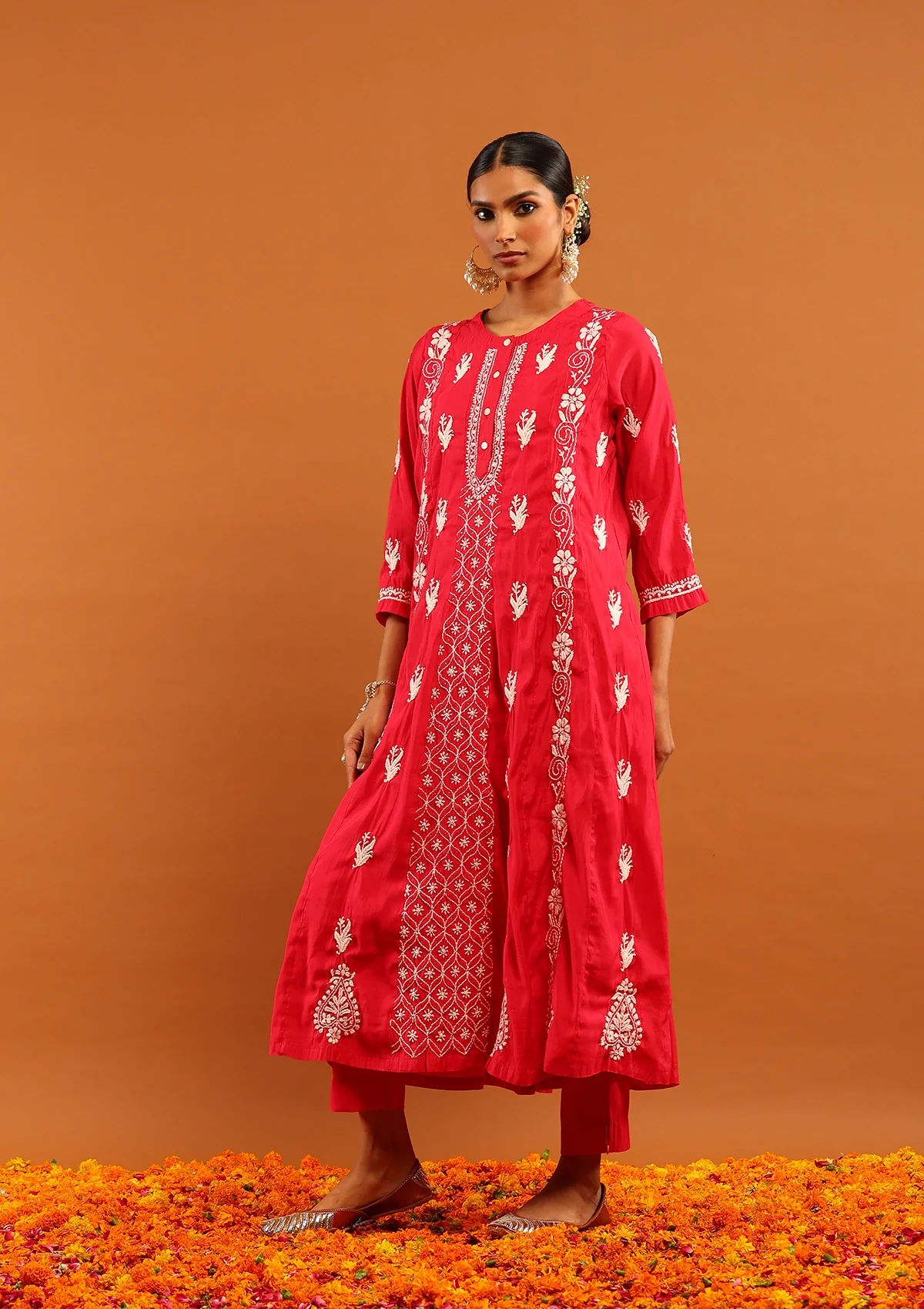 HOC Chanderi Chikankari Solid Women's 3 PC Anarkali Kurta Set-Pink - Image 3