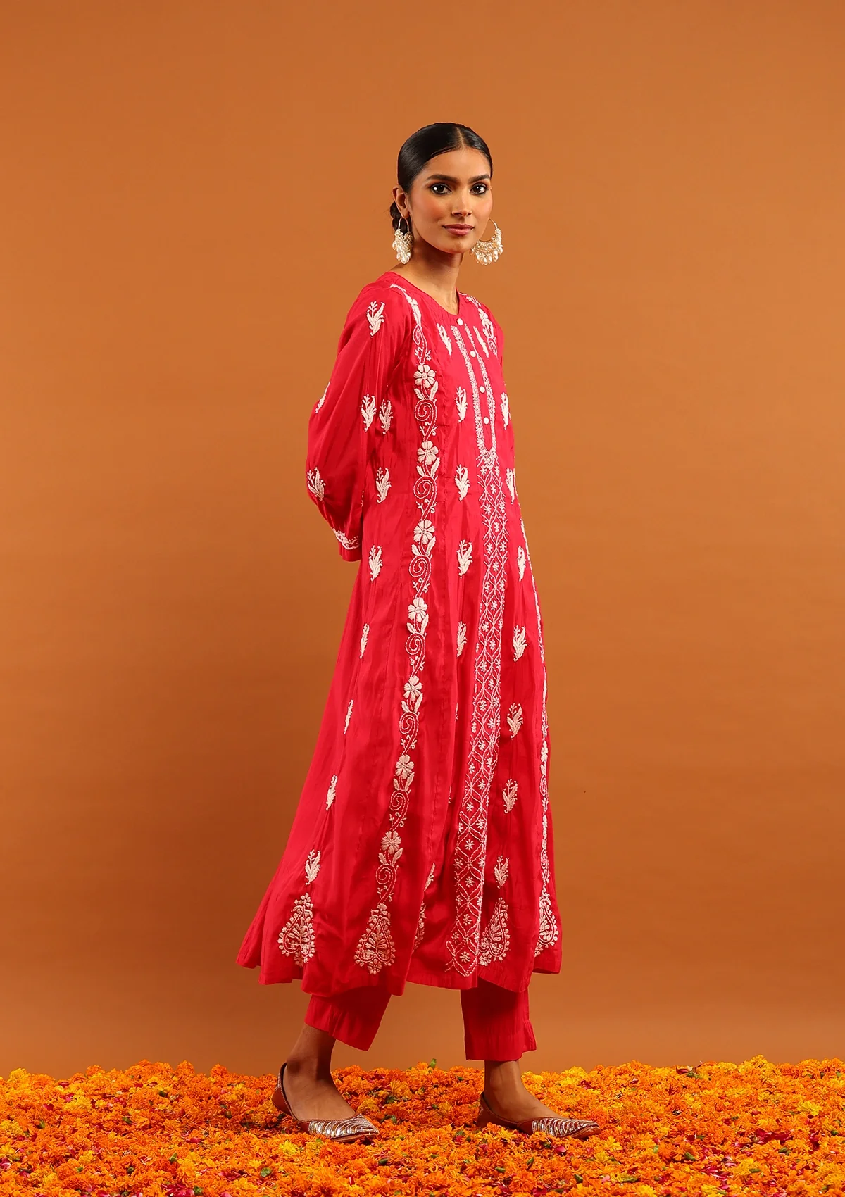 HOC Chanderi Chikankari Solid Women's 3 PC Anarkali Kurta Set-Pink - Image 4