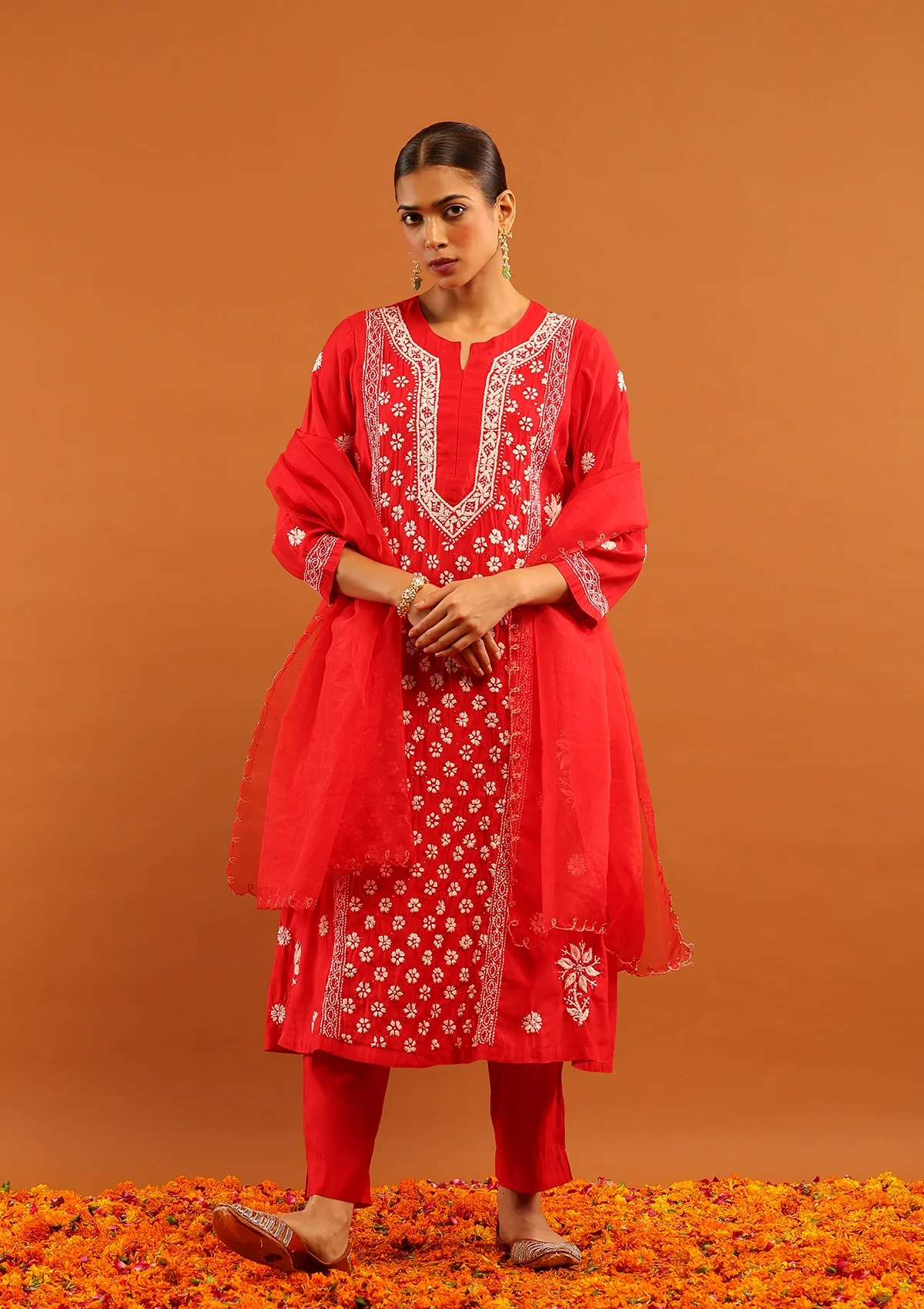 HOC Chanderi Chikankari Solid Women's 3 PC Long Kurta Set-Red