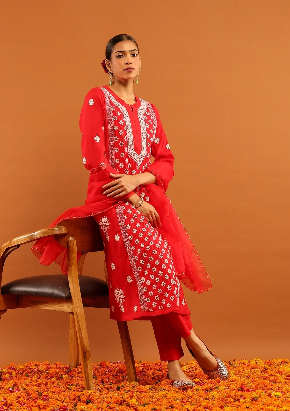 HOC Chanderi Chikankari Solid Women's 3 PC Long Kurta Set-Red - Image 3