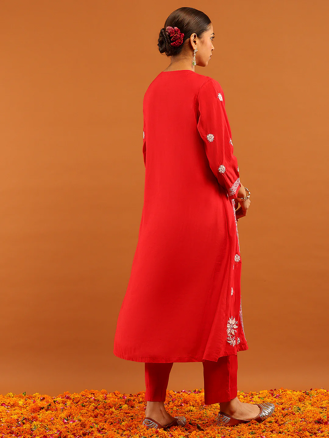HOC Chanderi Chikankari Solid Women's 3 PC Long Kurta Set-Red - Image 7