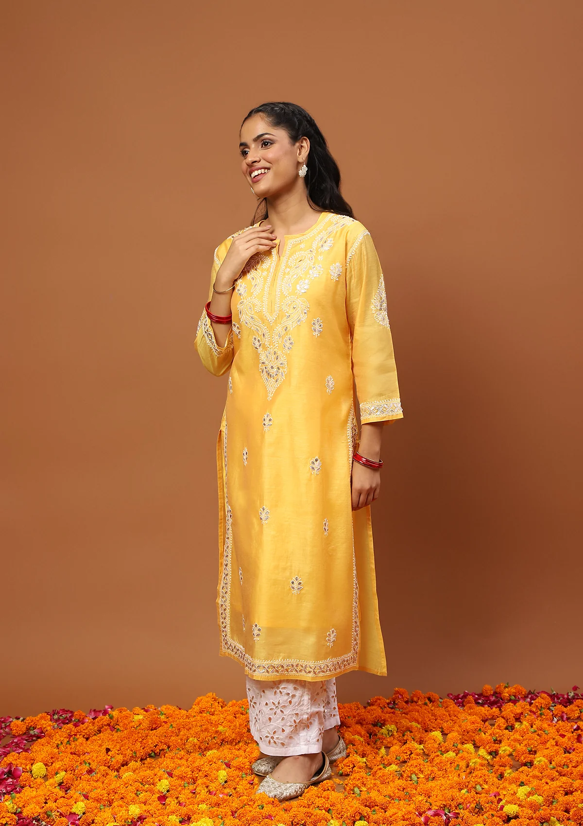 HOC Chanderi Chikankari Gota Work Solid Women's 4 PC Long Kurta Set -Mustard - Image 3