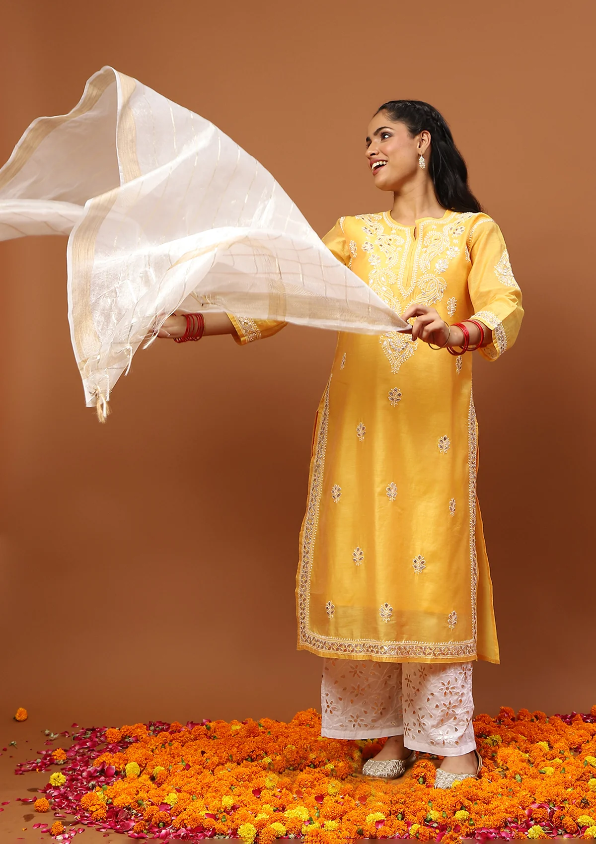 HOC Chanderi Chikankari Gota Work Solid Women's 4 PC Long Kurta Set -Mustard - Image 4
