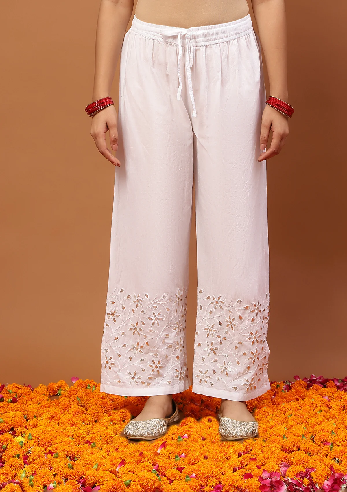 HOC Chanderi Chikankari Gota Work Solid Women's 4 PC Long Kurta Set -Mustard - Image 5