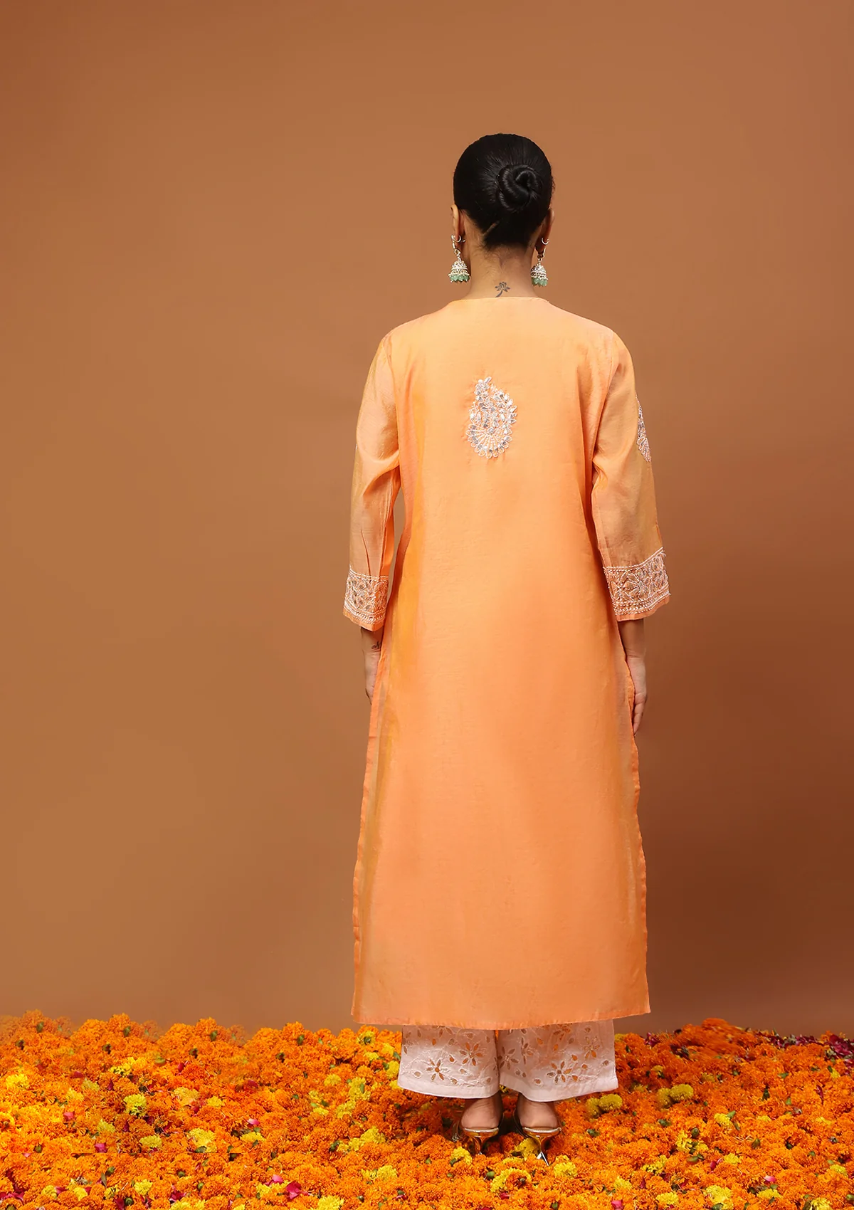 HOC Chanderi Chikankari Gota Work Solid Women's 4 PC Long Kurta Set-Orange - Image 6
