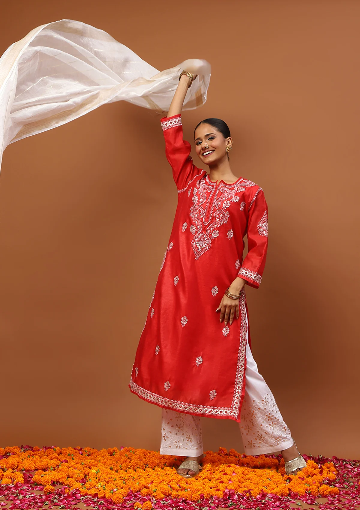 HOC Chanderi Chikankari Gota Work Solid Women's 4 PC Long Kurta Set-Red - Image 4