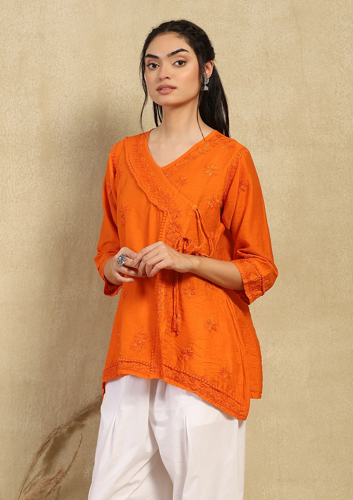 Chanderi Chikankari Solid Women's Angrakha Short Kurta -Orange - Image 4