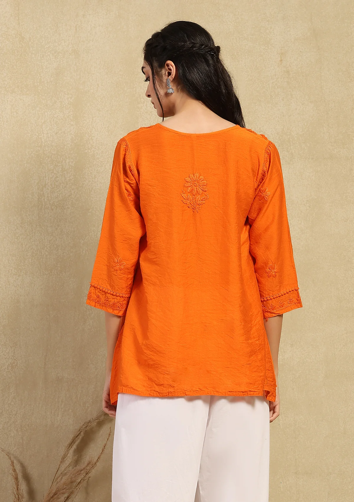 Chanderi Chikankari Solid Women's Angrakha Short Kurta -Orange - Image 7